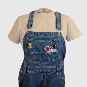 Looney Tunes Women's Y2K Overalls - Embroidered Tweety and Sylvester Bib